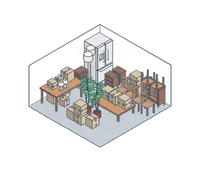 10x10 climate-controlled storage unit with furniture and boxes